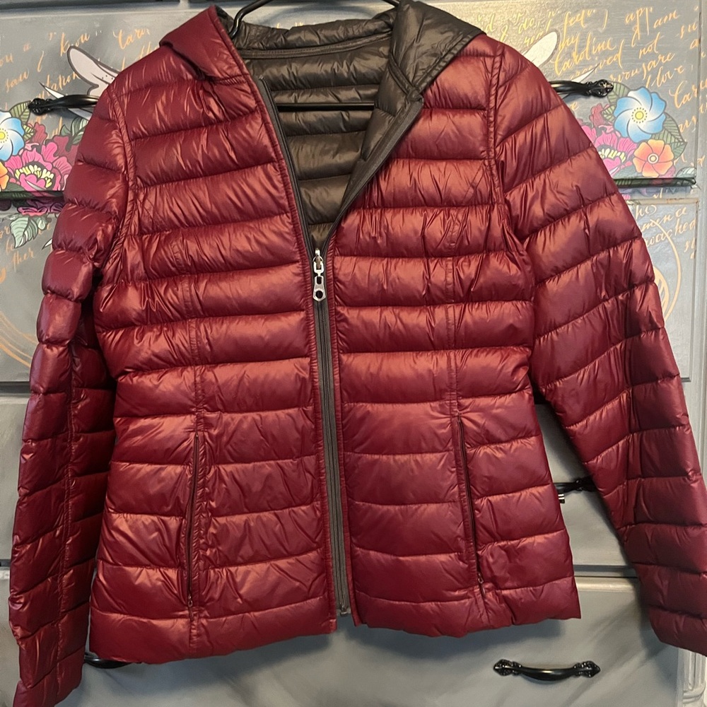 Nautica Women's Burgundy and Deep Gray Reversible Puffer Jacket S/M